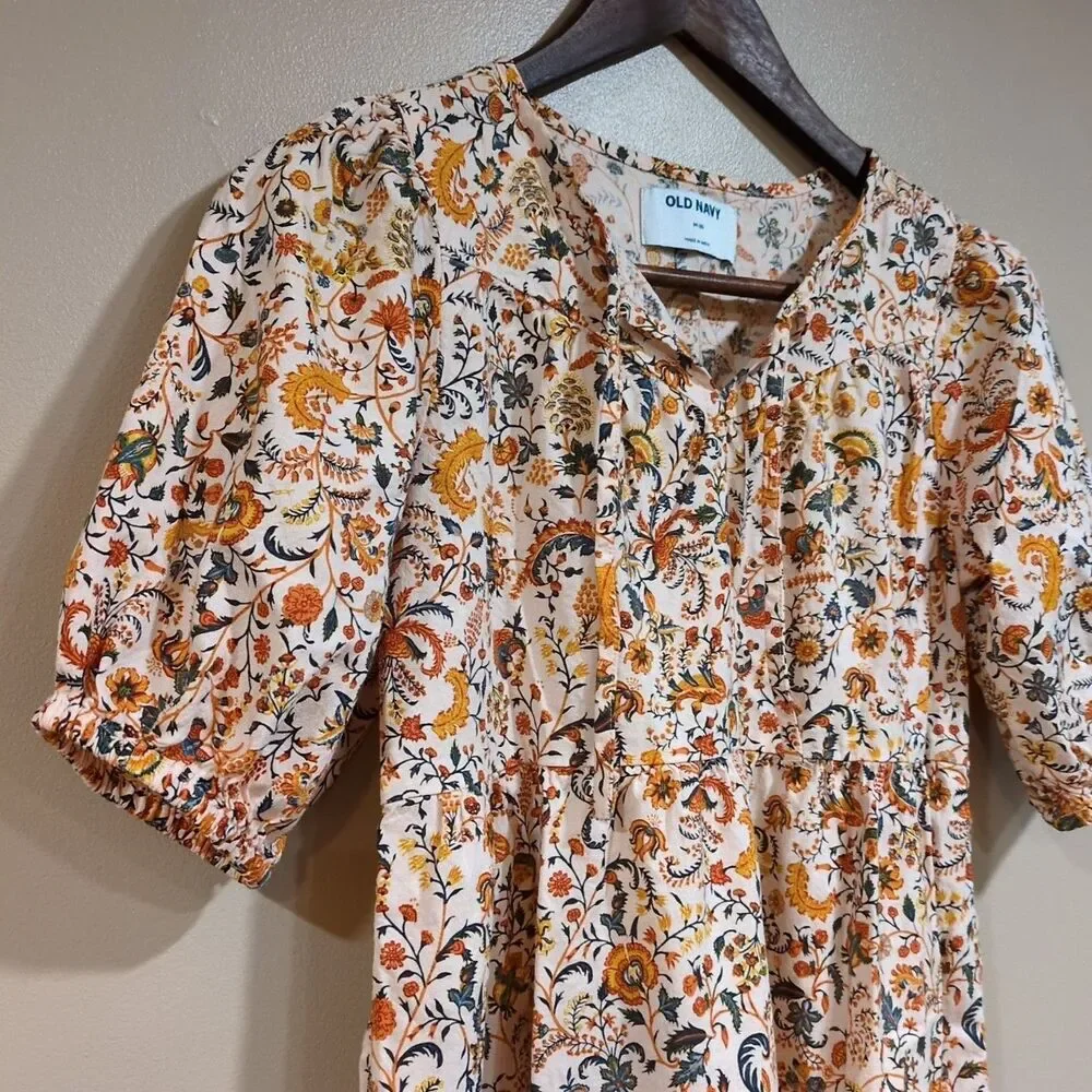 Old Navy Floral Puff‎ Sleeve Tiered Dress Girls M 8 Yellow Boho Cottage Peasant